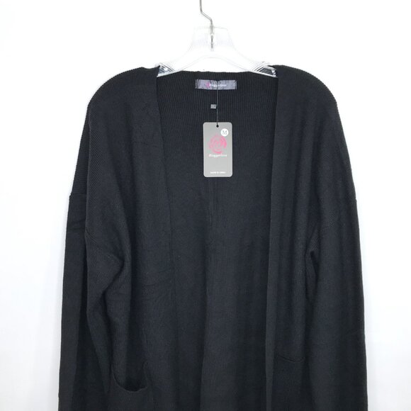 Long Ribbed Cardigan Sweater Black Open Front Oversized M - Picture 9 of 9